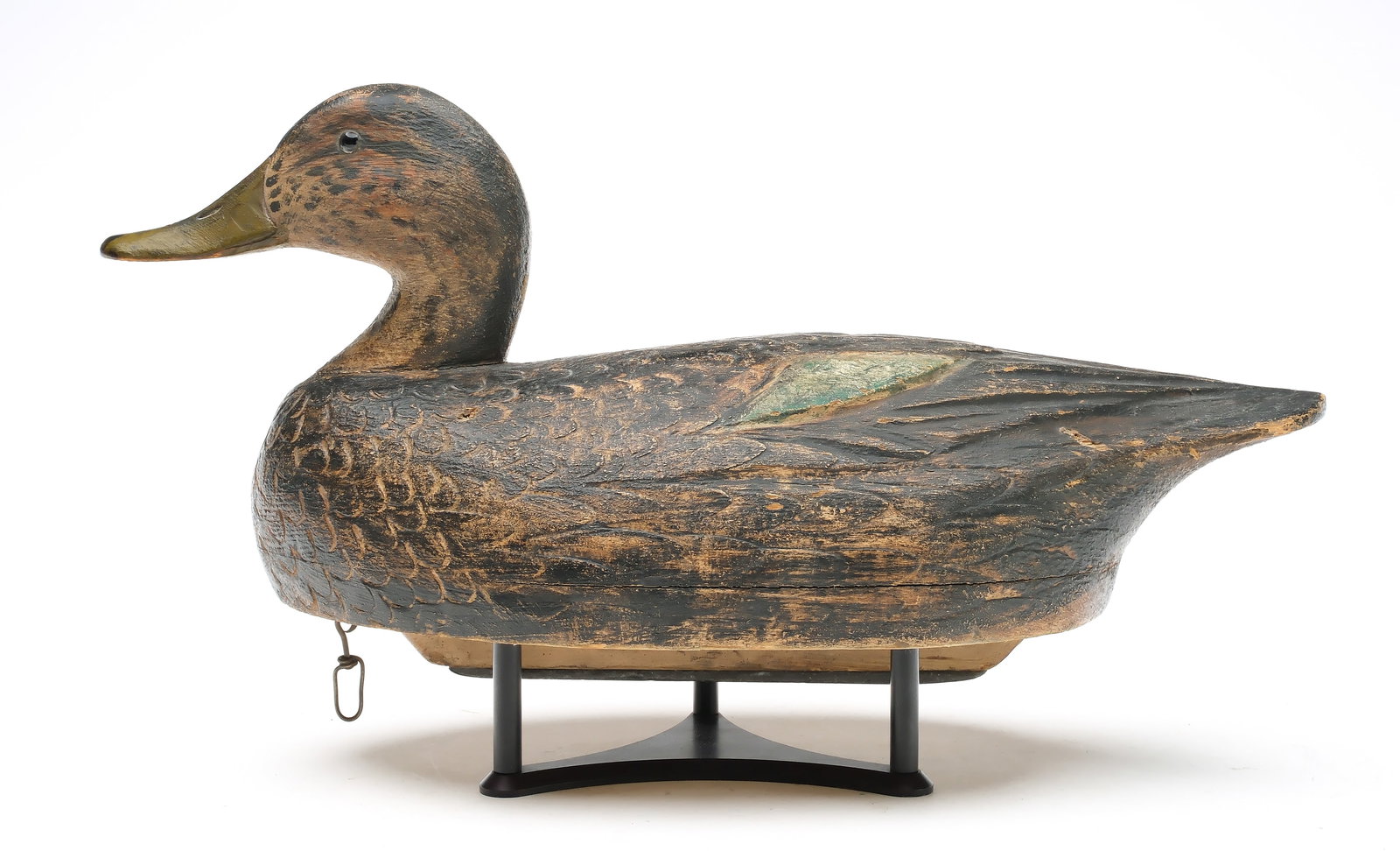 Ben Schmidt (1884-1968), Detroit, Michigan.: Black duck. Hollow carved with .75" bottom board. Relief wingtip and incised feather carving. Measures 16.75" long. Provenance: Len Carnaghi collection.