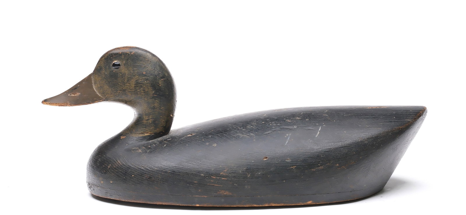 Charles Reeves (1877-1941), Long Point, Ontario.: Black duck. Thinly hollowed with .25" bottom board and scratch feather paint detail on head. "WW" painted on underside. Measures 15.75" long.