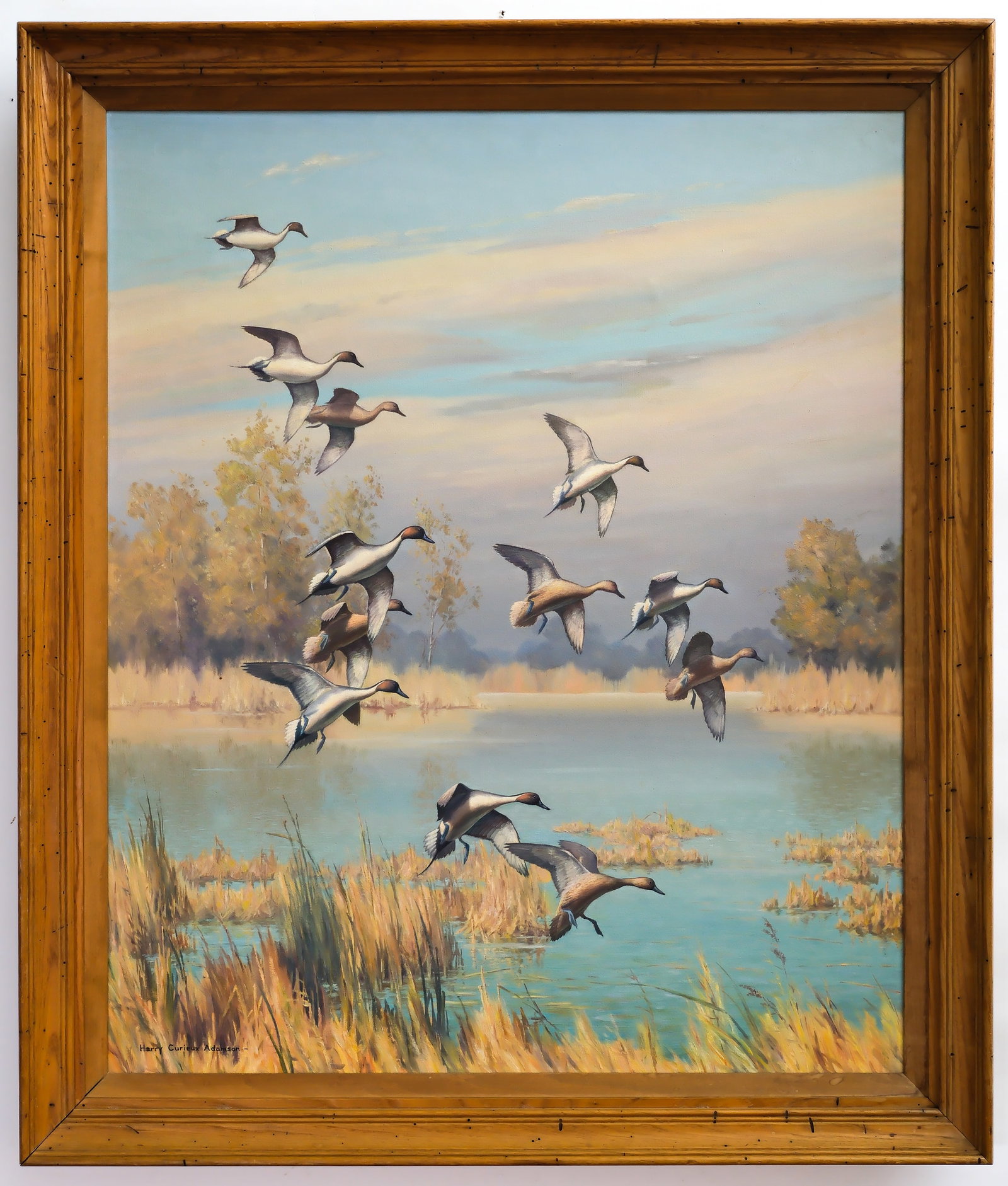 Harry Curieux Adamson (1916-2012), oil on canvas.: Image size 35.5" x 29". Frame measures 41" x 35". Signed. Titled "Ducks in Flight".