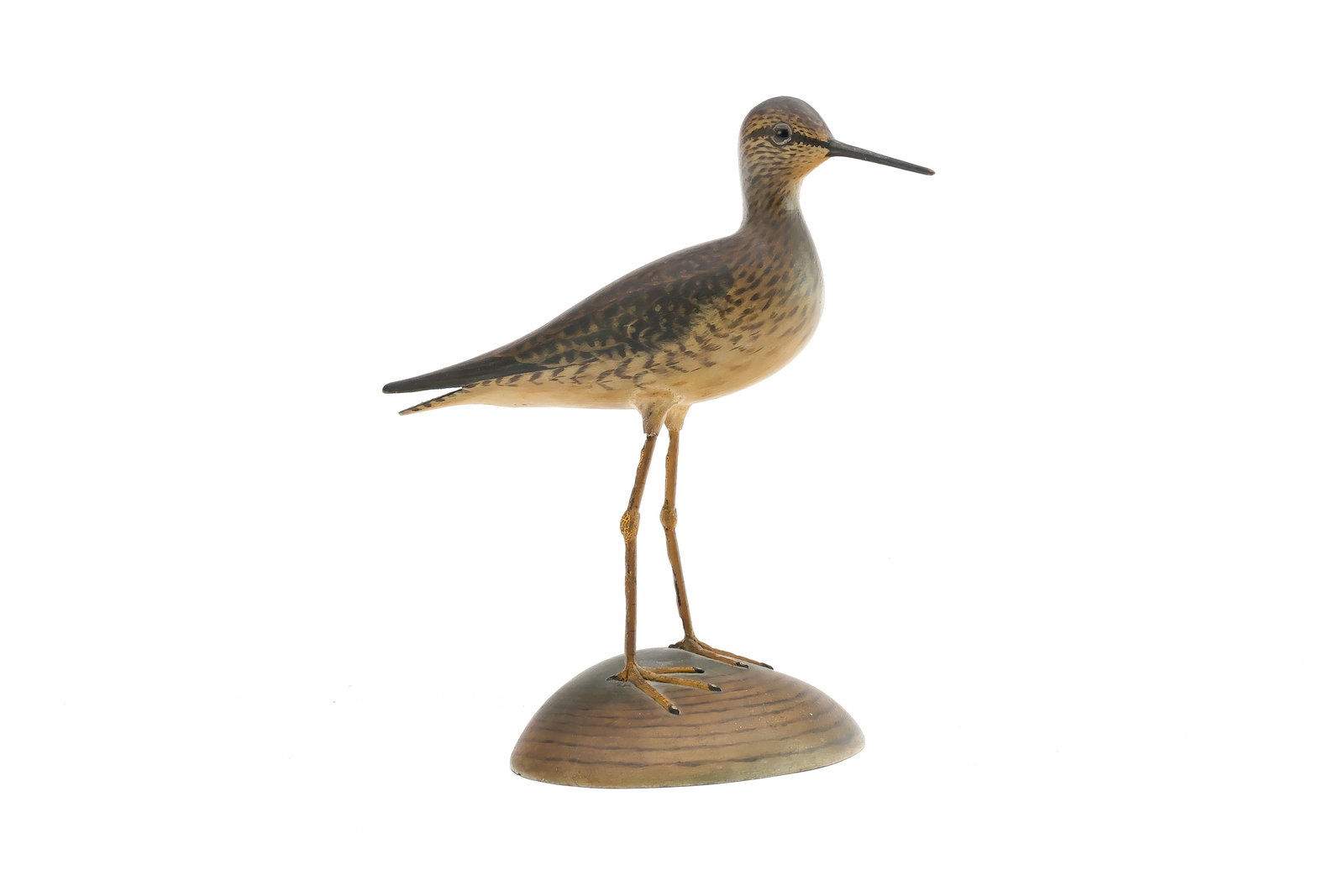 A. Elmer Crowell (1862-1952), East Harwich, Massachusetts.: Decorative lesser yellowlegs. Slightly turned head and split tail carving. Carved quohog base with maker's rectangle stamp. Also signed and dated 1940 by Crowell. Measures 8.25" long, stands 9" tall.