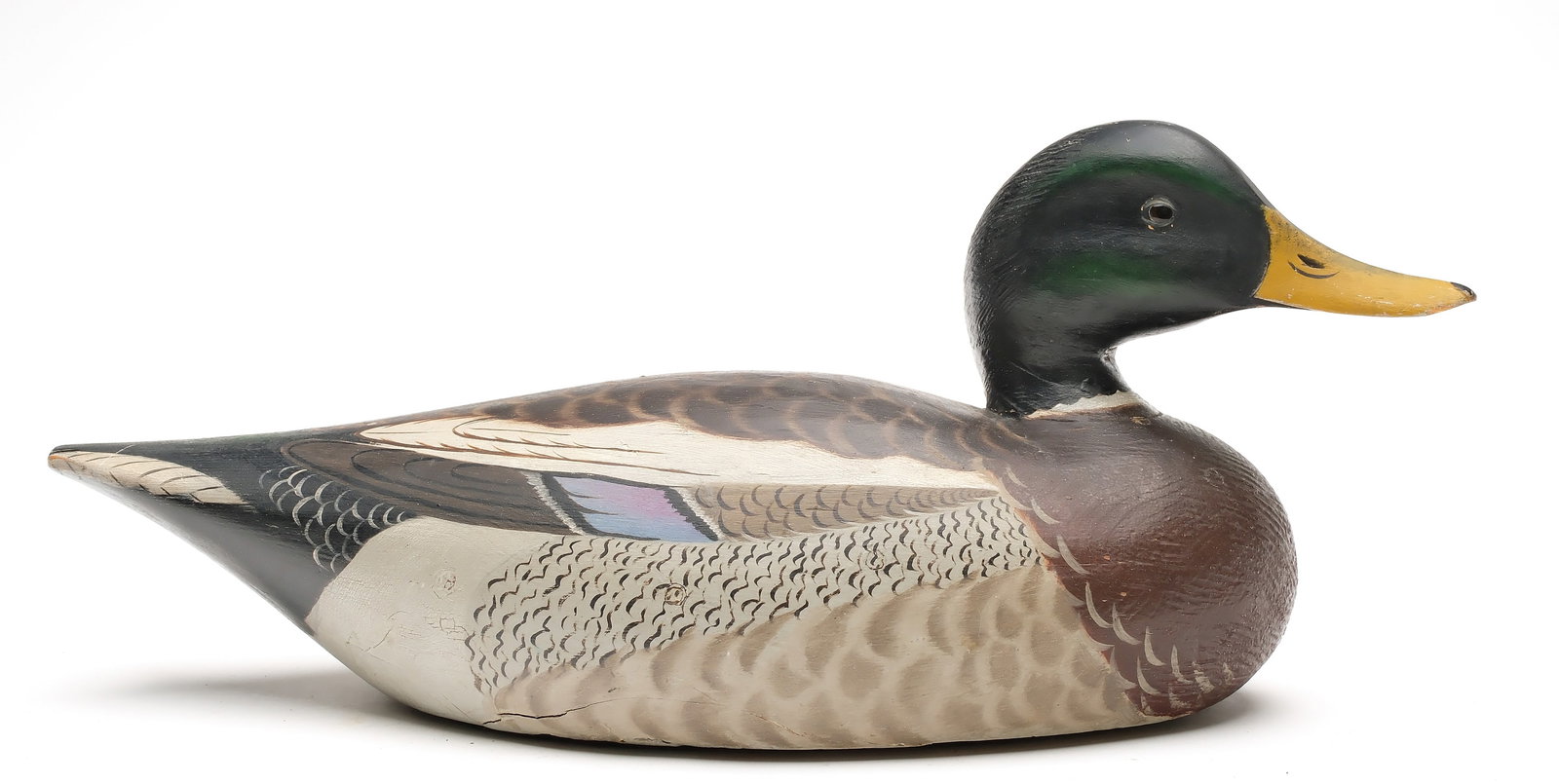 A. Elmer Crowell (1862-1952), East Harwich, Massachusetts.: Mallard. Slightly turned head and maker's rectangle stamp on underside. Measures 16.25" long.