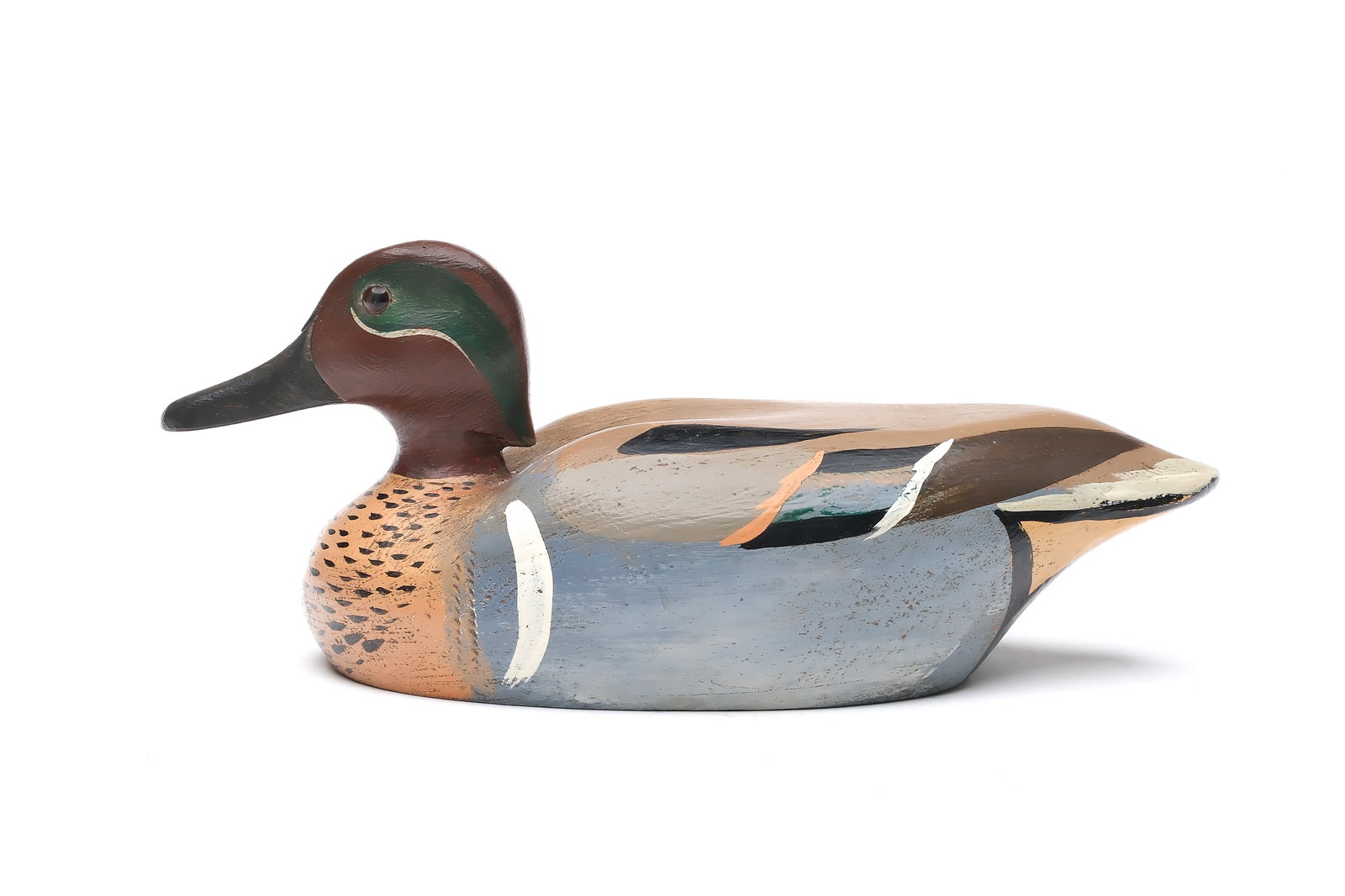 Ed Snyder (1928-2011), RIo Vista, California.: Greenwing teal with slightly turned head and extended crest. Measures 11.5" long.