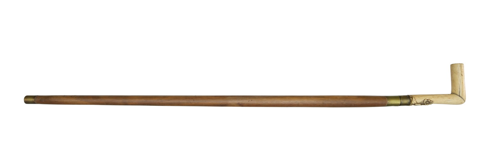 Bone handle sword cane.: Carved with gun, hat, a possible sack. Leaning against tree stump. Sword measures 30.5" long.
