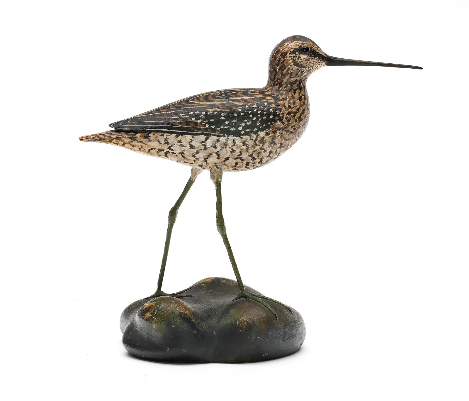 A. Elmer Crowell (1862-1952), East Harwich, Massachusetts.: Rare decorative jack snipe. Relief tail feather carving and early mottled base style. Crisp oval brand on underside. “CA Hardy” in pencil on underside. Also has “CR” carved in 