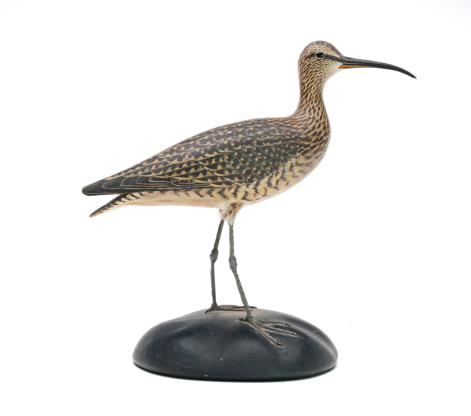 A. Elmer Crowell (1862-1952), East Harwich, Massachusetts.: Decorative curlew. Upright pose with slightly turned head and relief tail feather carving. Maker’s rectangle stamp in underside. Measures 12” long, stands 12” tall. Provenance: Dr. J