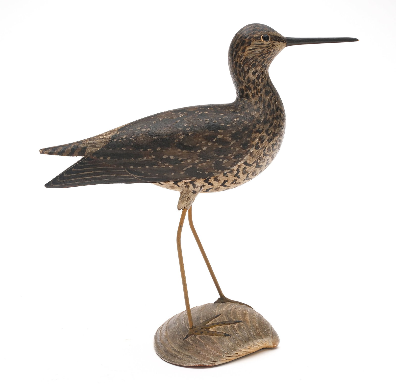 A. Elmer Crowell (1862-1952), East Harwich, Massachusetts.: Decorative yellowlegs. Dropped wing style. Maker’s oval brand on the underside of carved quahog base. “CR” carved in the underside for the collection fo Carolyn Rowland. Measures 11.