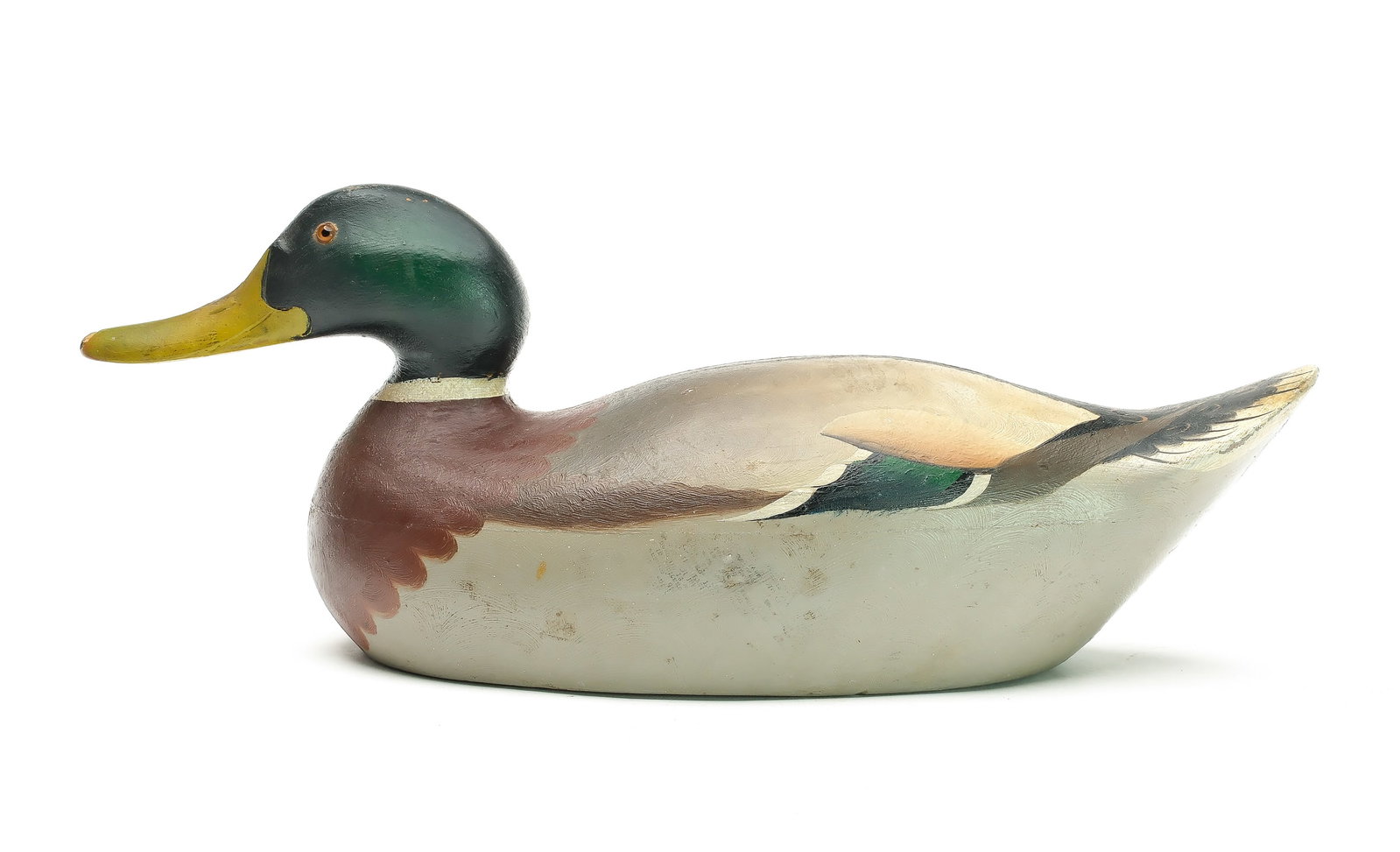 Mason Decoy Factory (1889-1924), Detroit, Michigan.: G.K. Schmidt rig mallard. Hollow carved with relief bill carving and outstanding paint detail. Branded “G.K. Schmidt” twice on underside. Measures 17.5” long. Provenance: Jim and Dia