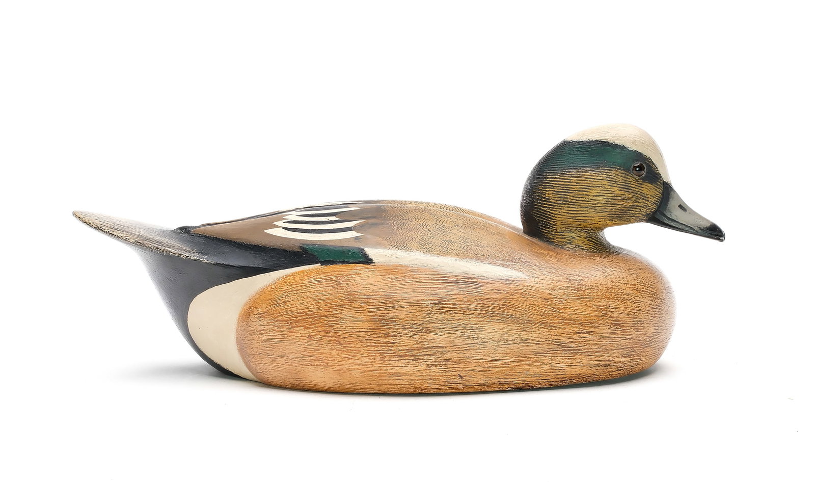 Ken Anger (1905-1961), Dunnville, Ontario.: Important widgeon. Hollow carved with relief wing carving and comb feather paint detail on back. Decoy won first place for the carver at the 1949 National Decoy Contest in New York City. Measures 13.7
