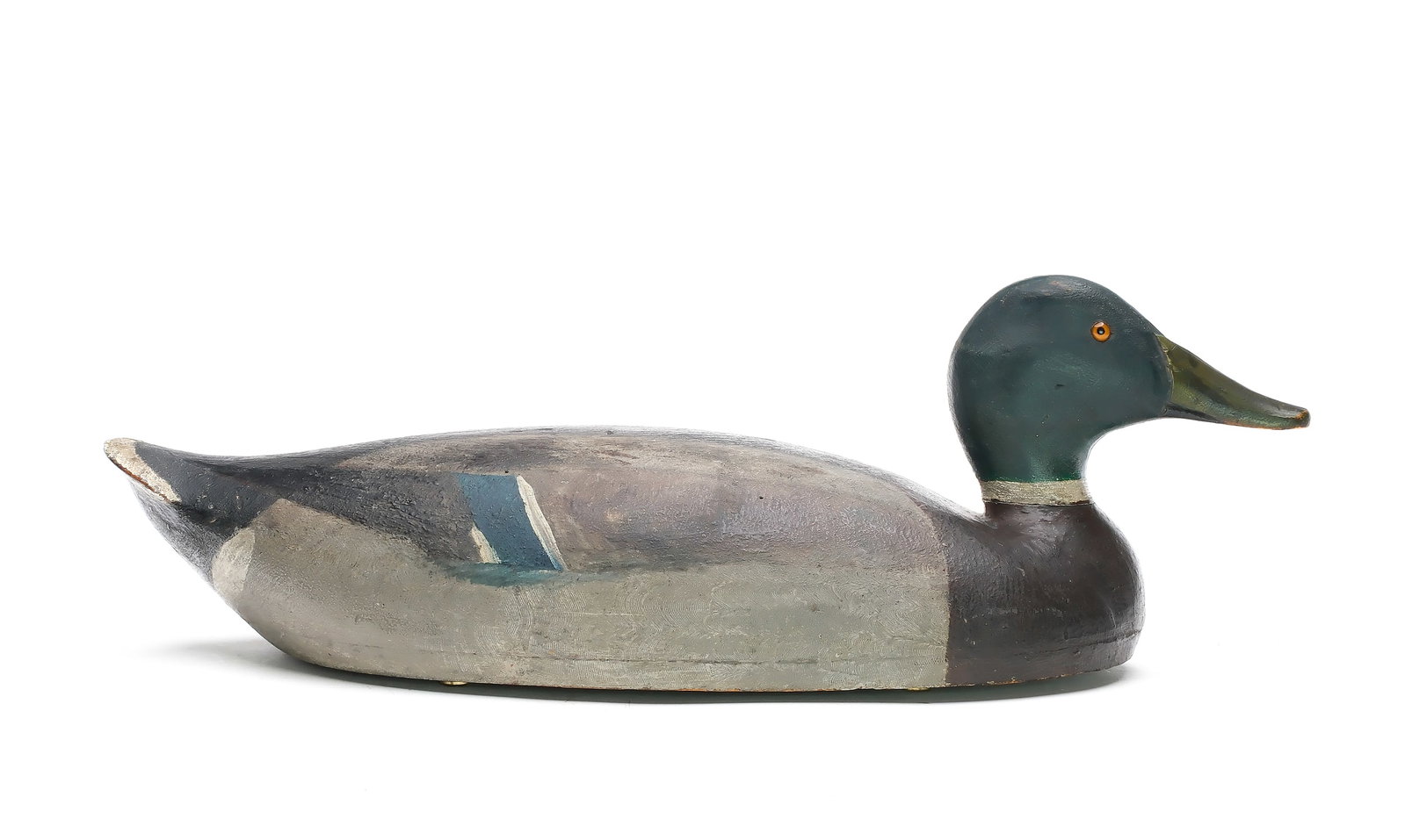 Hayes Finkle (1876-1953), Port Huron, Michigan.: Very rare and important oversized mallard. Hollow carved with .25” bottom board that is dated “Sept. 1 1905” in pencil. Measures 19” long. Provenance: Jim and Diane Cook collec