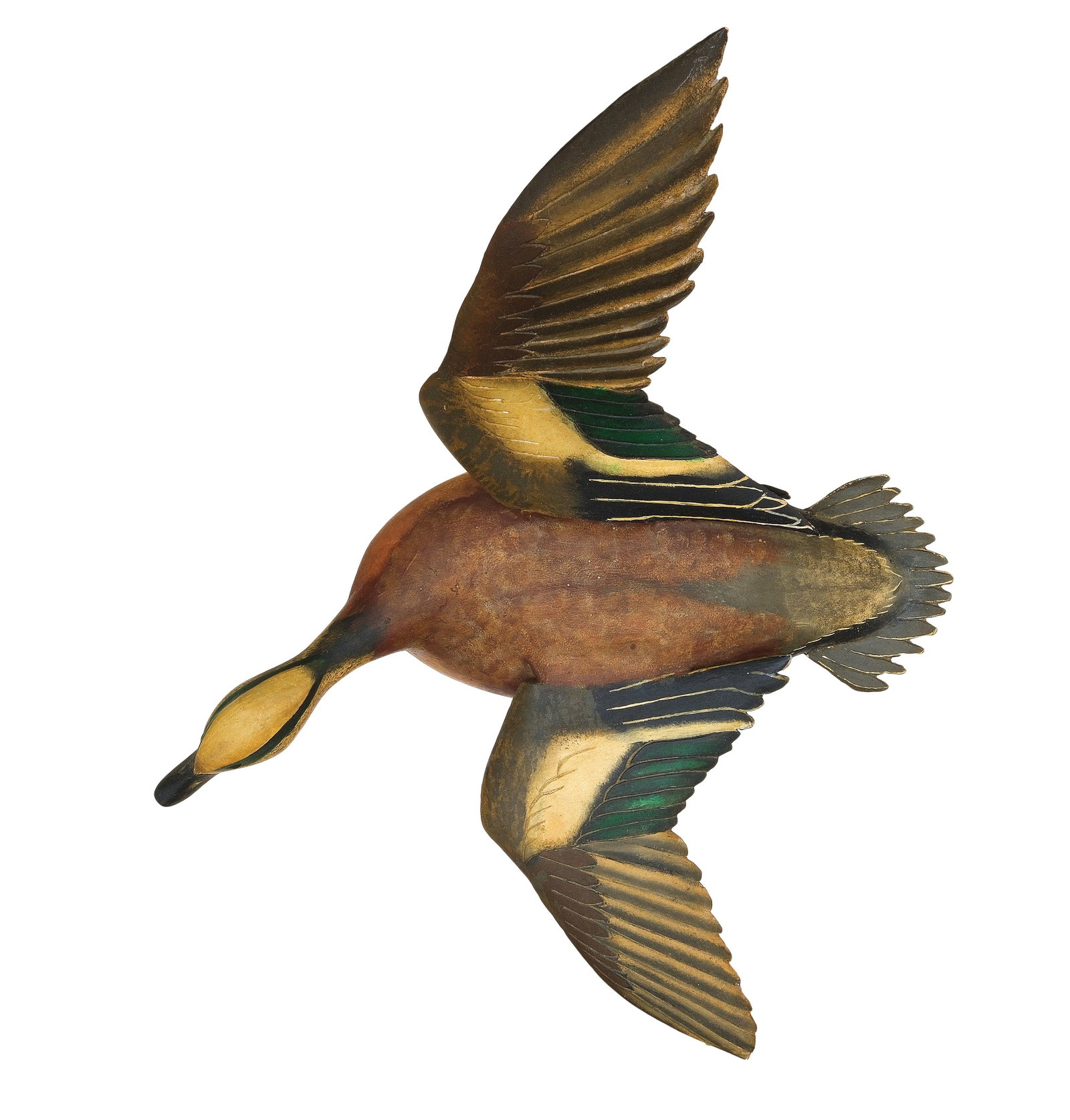 Norman Hudson (1898-1980), Chincoteague, Virginia.: Pair of flying widgeon. Applied outstretched wings with relief feather carving. Both with slightly turned heads. Signed and dated 1974. Measure 19" long, with 24" wingspans. Provenance: Oliver Smith c