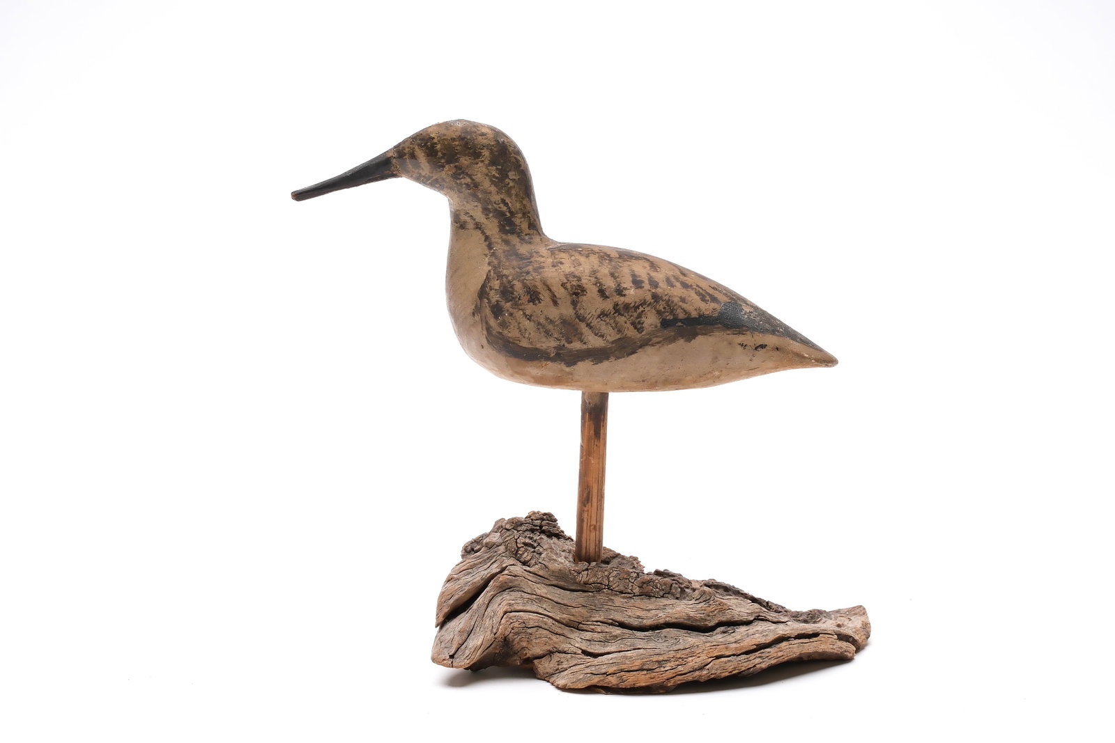 Small sanderling from the eastern shore of Virginia.: Original oak stick was glued in to decoy. Hardwood bill spline through back of head. Measures 7.75" long.