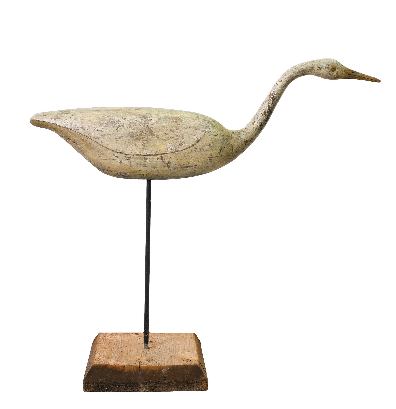 Cameron McIntyre (b.1968), New Church, Virginia.: Great white heron. Hollow carved with slight relief wing carving. "CTM" carved in underside. Stand included. Measures 36.25" long.