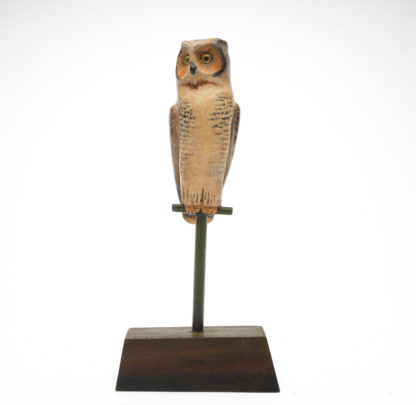 Frank Finney (b.1947), Cape Charles, Virginia.: Miniature owl. Deep relief wing carving and slightly turned head. Maker's ink stamp on underside. Owl measures 6" tall. Full piece is 11.25" tall.