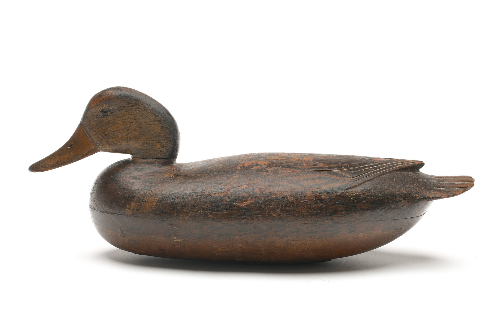 John English (1848-1915), Florence, New Jersey.: Rare mallard hen. Hollow carved with raised V wingtip carving and relief tail feather carving. Measures 16" long.
