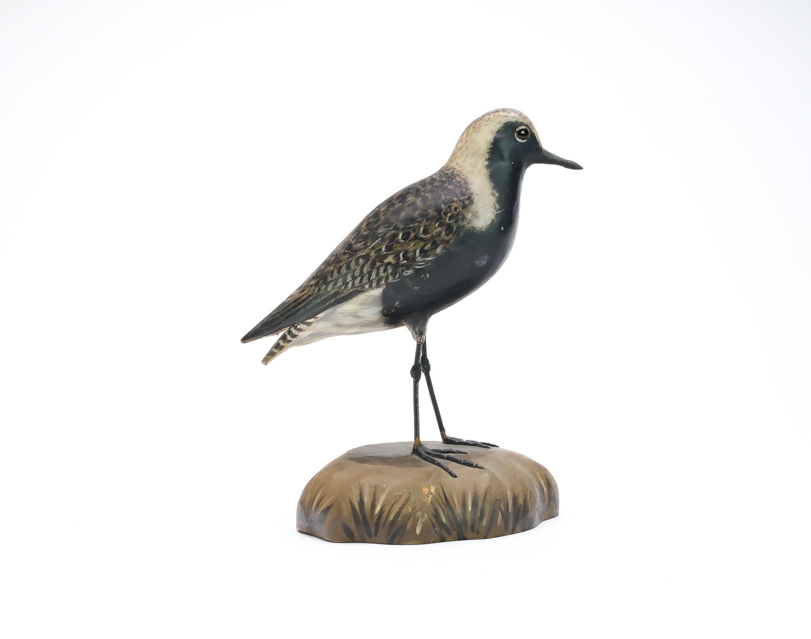 A. Elmer Crowell (1862-1952), East Harwich, Massachusetts.: Black bellied plover. Mounted to decorative base. Signed "AE Crowell Cape Cod" with maker's rectangle stamp. Measures 9.5" long. Provenance: Martin and Deborah Maloy collection.