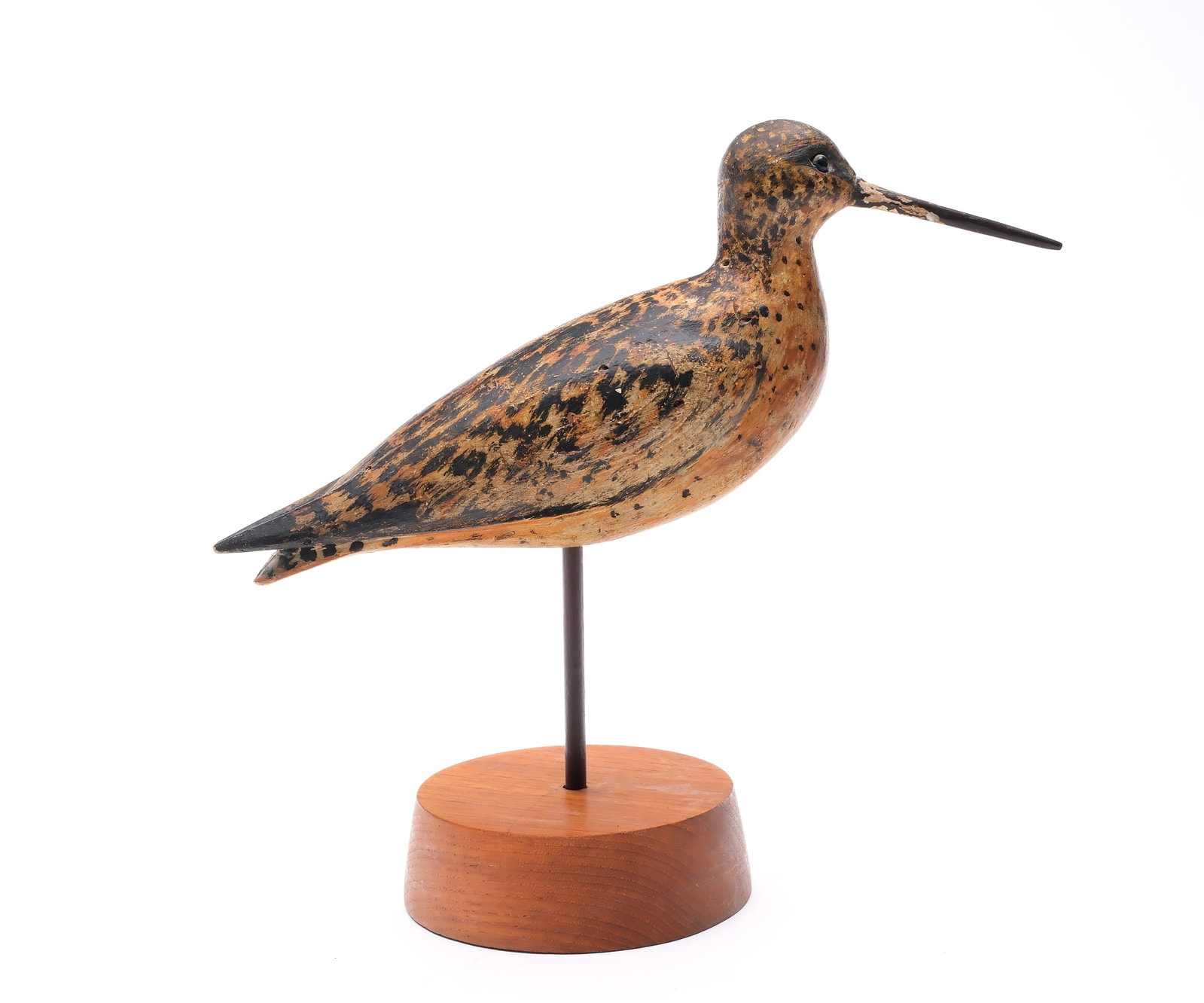 William Bowman (1824-1906), Lawrence, Long Island.: Dowitcher with relief wing carving and raised wingtips. McCleery collection ink stamp on underside. 10.25" long. Provenance: Dr. James McCleery collection. Deborah and Martin Maloy collection.