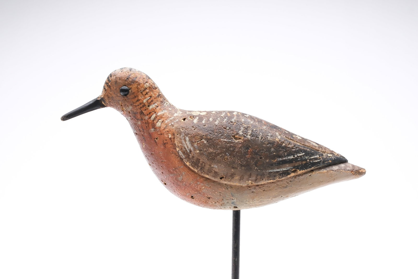 Captain Al Ketchem (1845-1926), Long Island, New York.: Rare cork body dowitcher with relief wing carving and shoe button eyes. Nelson collection ink stamp on underside. Measures 9.5" long. Provenance: Deborah and Martin Maloy collection.