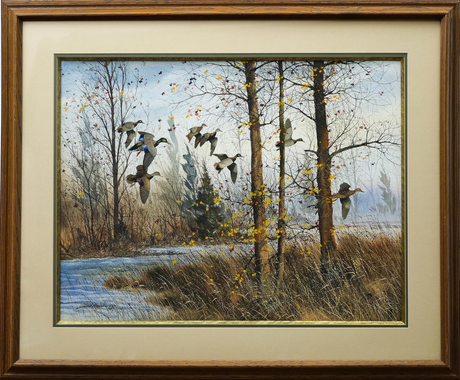 David Hagerbaumer (1921-2014), watercolor on paper.: Depicting incoming mallards. Signed and dated 1981 lower left. Image measures 22" x 29". 