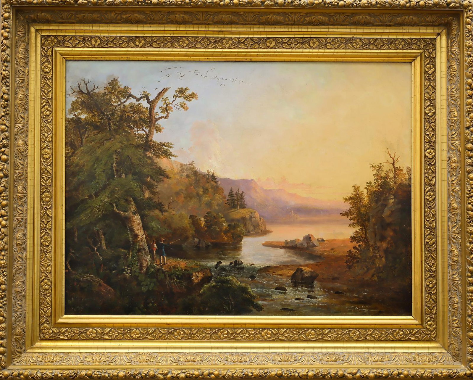Ambrose Andrews (1805-1859), oil on canvas.: Image measures 22" x 30". Signed.Titled "Sunset Along the Hudson". Retains Boston Canvas stamp. Period frame. Provenance: Convington Fine Arts Gallery, Tucson, Arizona. Tom Karras collection