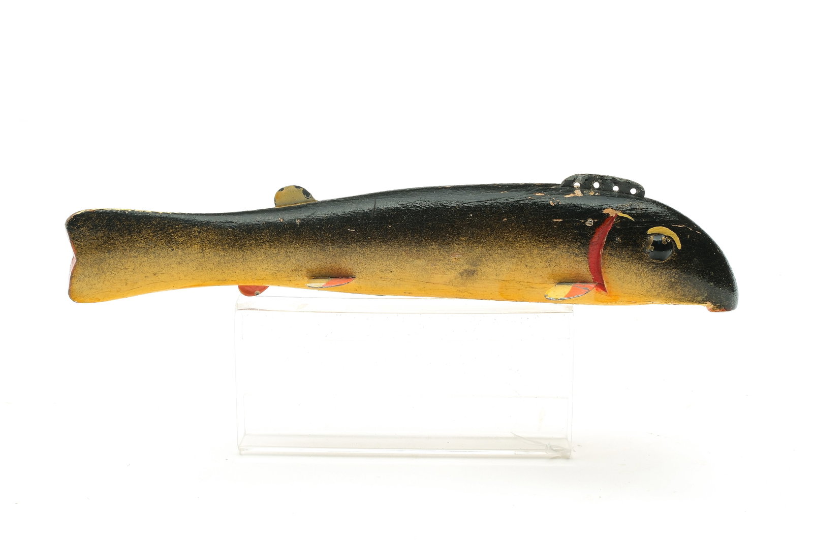 Oscar Peterson (1887-1951), Cadillac, Michigan.: 2nd quarter 20th century. Fat sucker fish decoy. With tack eyes. Measures 9 1/2" x 1 1/4" x 1 1/5". 