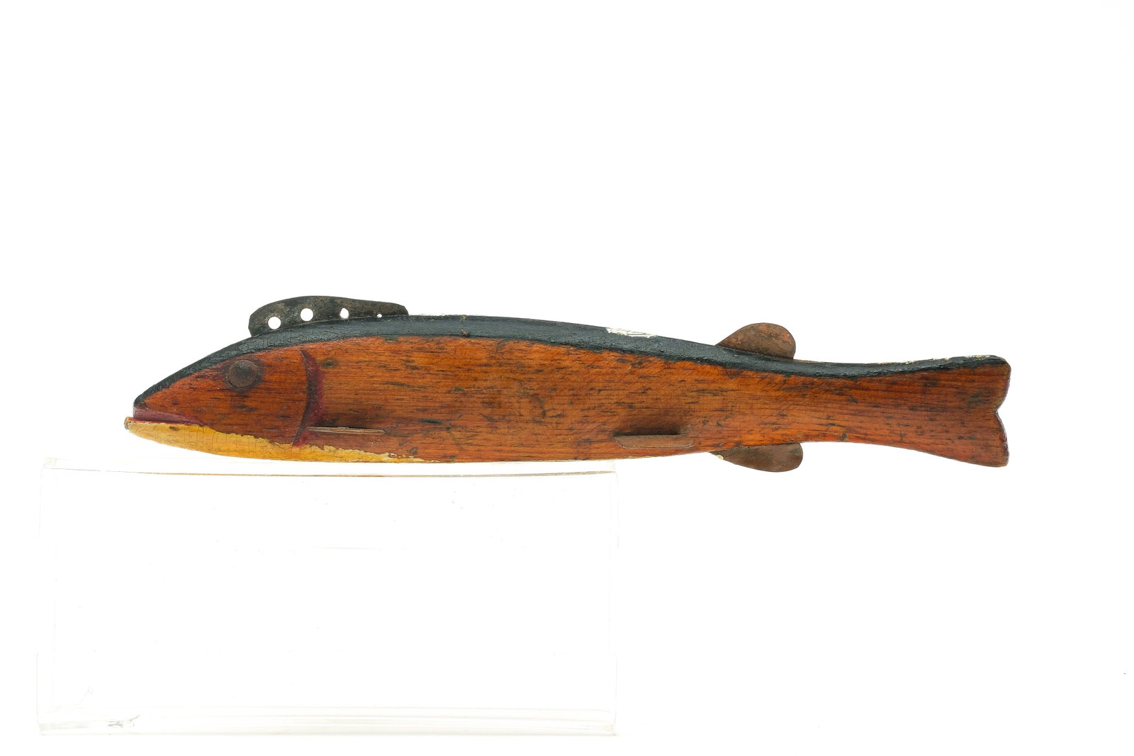 Oscar Peterson (1887-1951), Cadillac, Michigan.: 2nd quarter 20th century. Tack eye with natural side fish decoy. Measures 7 1/2" x 3/4" x 1 1/4".