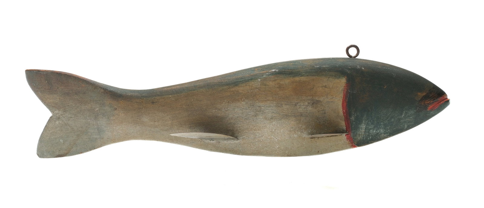 Hans Janner (1917-1985), Mt. Clemens, Michigan.: Fish decoy, Shad circa 1935. One of only two or three known. Thoughtfully blended paint. Metal fins and what appears to be caved form a piece of Mahogany. Literature: A rigmate similar to this