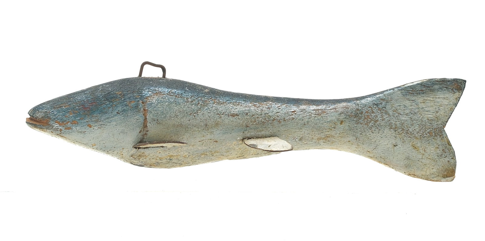 Auggie Janner, Mt Clemens, Michigan, 2nd to 3rd quarter 20th century.: Shiner fish decoy. Made from mahogany or walnut. Carved open mouth. Metal fins and wooden tail. Slight gill carving. Paint pattern is very similar to those found on Hans Janner fish decoys.