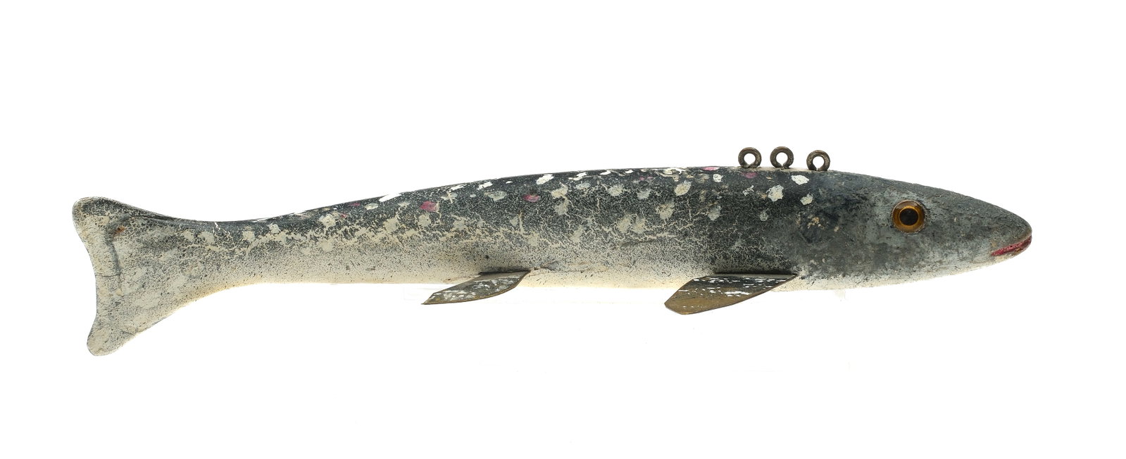 Auggie Janner, Mt Clemens, Michigan, 2nd to 3rd quarter 20th century.: Fish decoy, circa 1950. With glass eyes, metal fins, and wooden tail. Carved mouth. Provenance: Private Michigan collection.