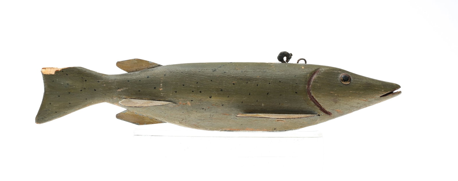 Ted Vandenbosch (1887-1953), Mt Clemens, Michigan.: Fish decoy, 1st quarter 20th century. Pike with tack eyes, carved gills, and open mouth. Metal fins and wooden tail. Measures 9.5" long. Provenance: Private Michigan collection.