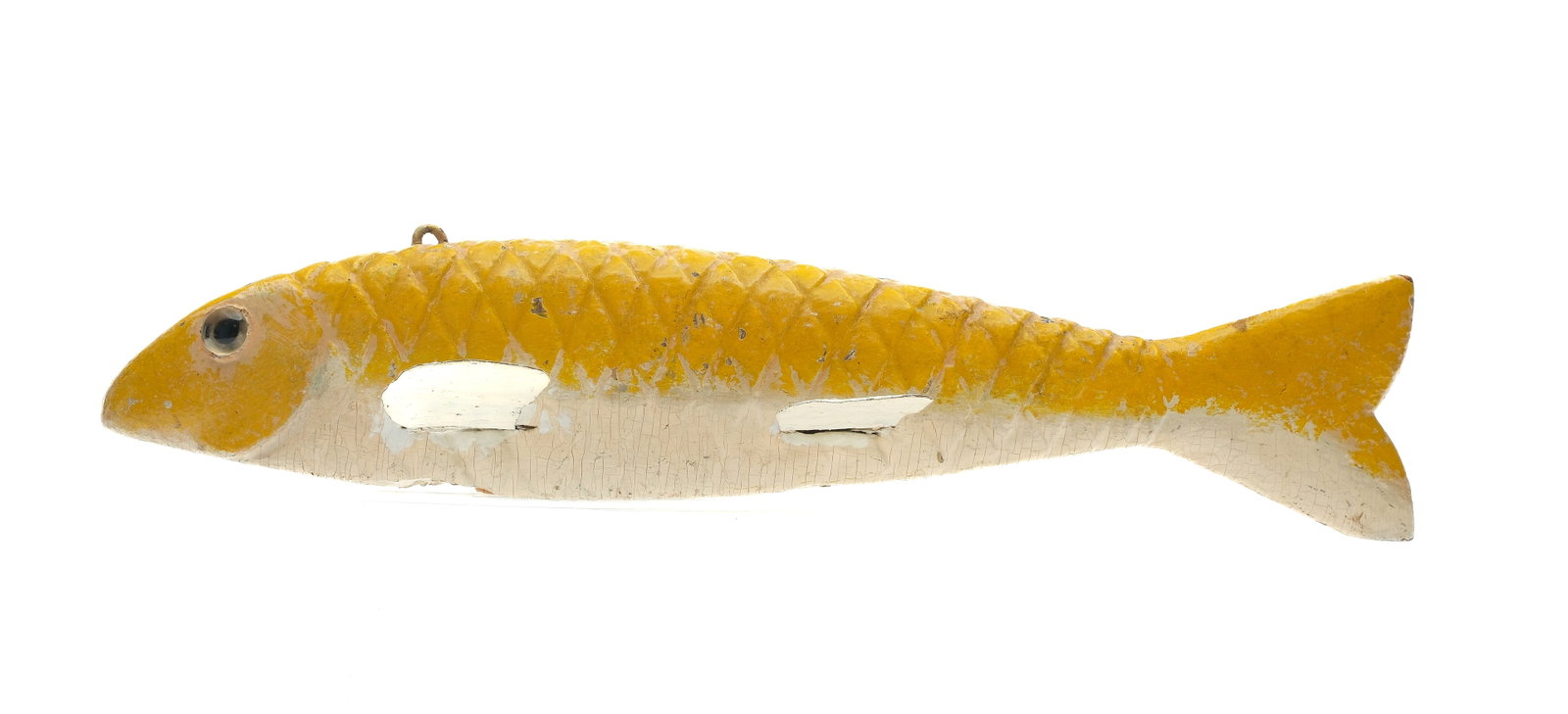 Cross hatched sucker fish decoy, Lake St. Clair, circa 1900.: Intricate cross hatch carving on body. With inserted glass eyes, one of which is a replacement. Measures 13" long. Provenance: Private Michigan collection.