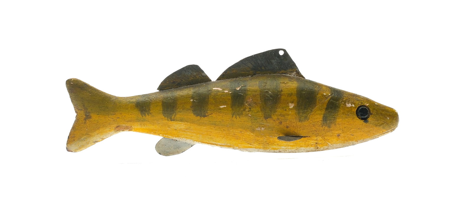 Tom Schroeder (1886-1976), Detroit, Michigan.: Perch fish decoy, 1st half 20th century. Four metal fins. Carved painted eyes. Measures 7" long. Provenance: Private Michigan collection.