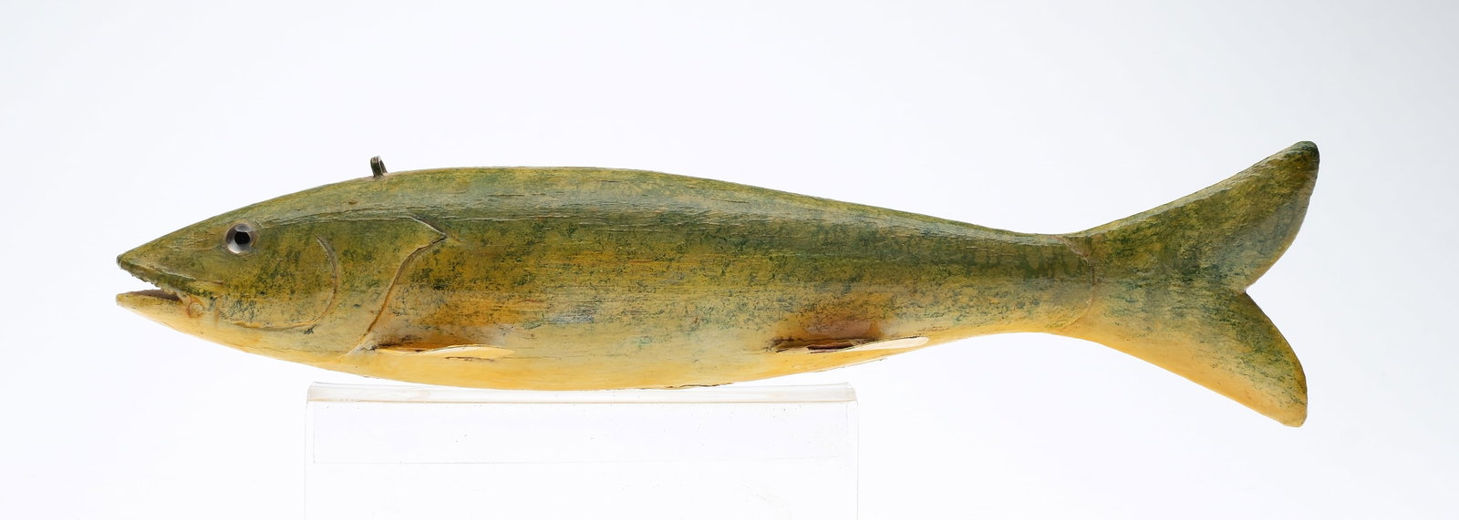 Gordon Pecor Fox, Mt. Clemens Michigan, 1st half 20th century.: Fish decoy. Glass eyes and open mouth. Signed on underside and dated 1982. Measures 10.5" long. Provenance: Private Michigan collection.