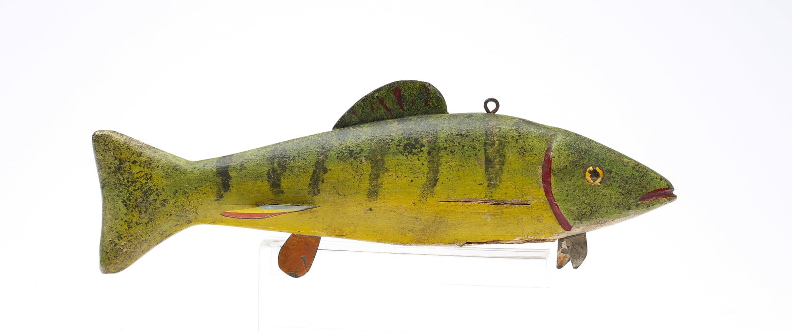 Gordon Pecor Fox, Mt. Clemens Michigan, 1st half 20th century.: Perch fish decoy, circa 1950. Tack eyes, carved gills and mouth. Metal fins and wooden tail. Measures 10". Provenance: Private Michigan collection.