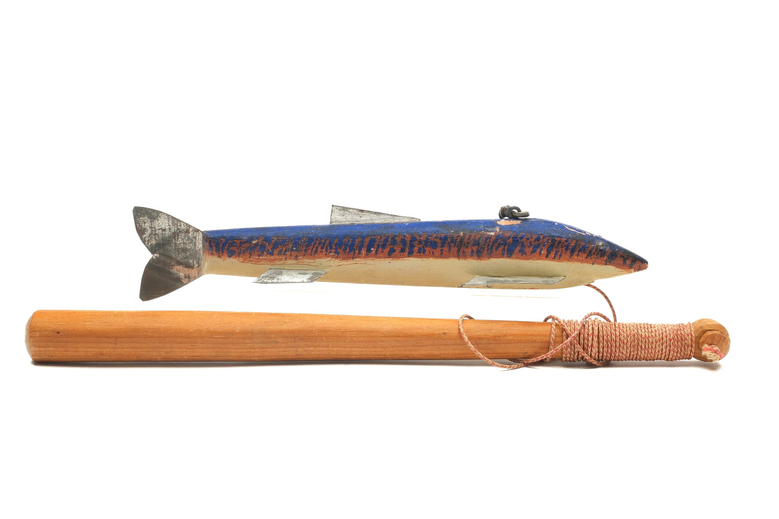 Alfred/Andrew, Helmer, Wisconsin.: Trout fish decoy with tack eyes and metal fins. Jig stick included. Measures 7.5" long.