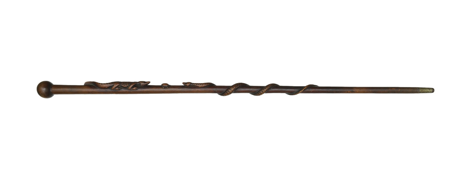 Antique walking stick, 1st quarter 20th century.: Alligator and snake with june bug. Rattle snake and alligator carved on staff, in the middle is some type of beetle. Also a shield carved where presumably initials would have been carved. Warm