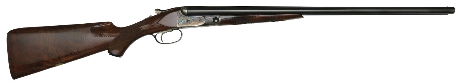 EXCELLENT PARKER REPRODUCTIONS DHE GRADE 20 BORE WITH CASE.: SN. 20-01512. Cal. 20ga. Built with 26" brls that have matted concave top rib with small brass front bead, usual rib legend, and markings. Splinter forearm checkered in point & diamond pattern with en