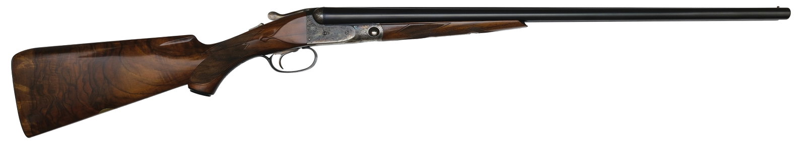 EXCELLENT PARKER REPRODUCTIONS DHE 20 BORE WITH CASE.: SN. 20-02057. Cal. 20ga. Built with 26" brls that have matted concave top rib with small brass front bead, usual rib legend, and markings. Beavertail forearm checkered in point & diamond pattern 