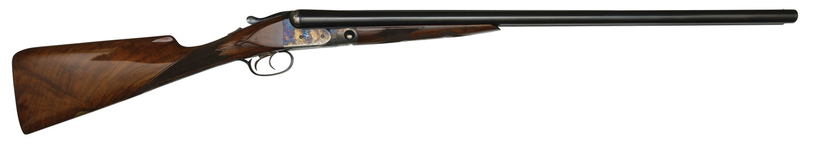 EVER DESIRABLE PARKER REPRODUCTIONS DHE GRADE STEEL SHOT SPECIAL 12 BORE SHOTGUN WITH CASE.: SN. 12SS-00076. Cal. 12ga. Built with 28" brls that have matted concave top rib with small brass front bead, usual rib legend, and markings. Brl flats with Imp Cyl/Mod choke stamps. Splinter