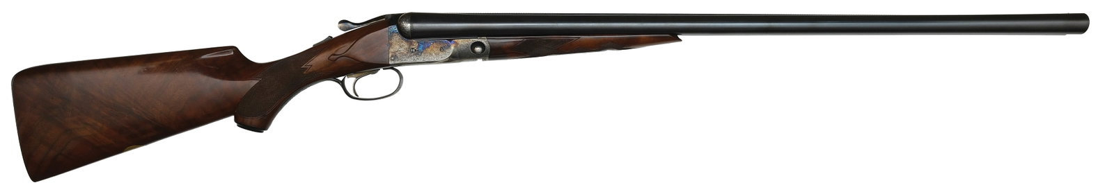 HARD TO FIND PARKER REPRODUCTIONS DHE GRADE 12 GAUGE SPORTING CLAYS MODEL WITH CASE.: SN. 12-01379. Cal. 12ga. Built with 28" brls that have matted concave top rib with small brass front bead, usual rib legend, and markings. Brl flats with proper original "ISC" choke stamps. Splinter f