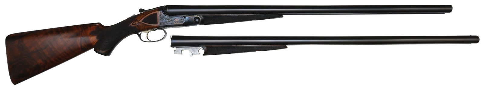 EXTREMELY FINE PARKER BHE 12 BORE FACTORY TWO BARREL SET WITH CASE.: SN. 207716. Cal. 12ga. Built on a 1-1/2 frame, Brl Set 1 with 28" Acme steel with matted concave top rib and small brass front bead. Rib with usual legend and ring of engraving at breech ends. Brl fla