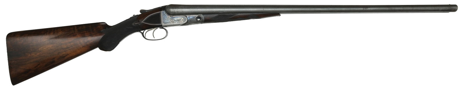 VERY FINE GOUGH SIGNED PARKER BH GRADE 12 BORE SHOTGUN.: SN. 79530. Cal. 12ga. Built on a No. 2 frame with 30" damascus brls that have matted concave top rib with brass front bead. Breech ends of brls with small ring of engraving. Brl flats with "DD" (maker