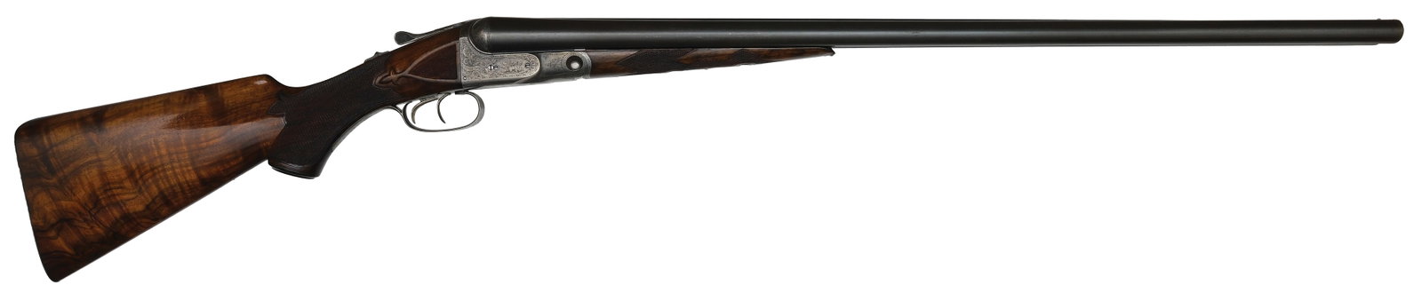 VERY PRETTY PARKER BHE GRADE 12 BORE SHOTGUN.: SN. 129348. Cal. 12ga. Ordered by famed Parker salesman and shooter O.R. Dickey 10/24/1904 and built on a No. 2 frame with 30" Titanic steel brls that have matted concave top rib with b