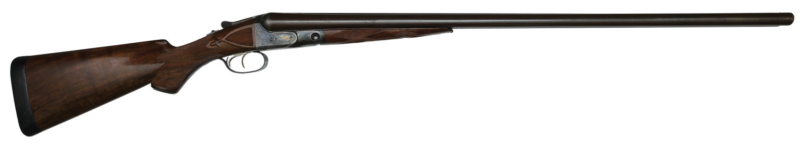 SCARCE EARLY PRODUCTION BH GRADE 12 BORE SHOTGUN.: SN. 95640. Cal. 12ga. Built on a No. 2 frame with 32" damascus brls that have matted concave top rib and white front bead. Rib with usual legend and breech ends of brls with small ring of engravi