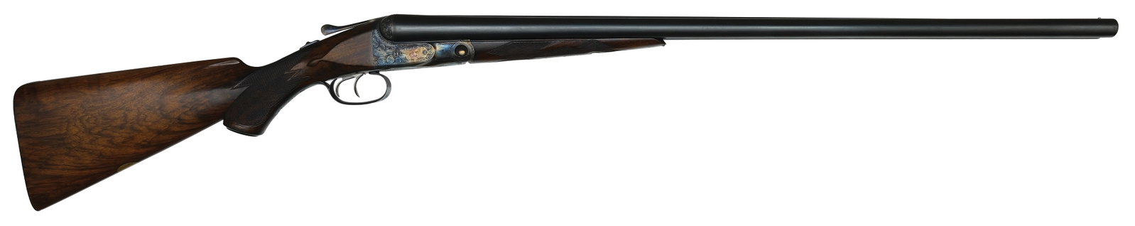 BEAUTIFULLY RESTORED PARKER DHE 12 GAUGE.: SN. 130944. Cal. 12ga. Built on a No. 2 frame with 30" Titanic brls that have matted concave top rib with steel front bead. Brl flats with 4lbs. 7oz. unstruck weight. Splinter forend checker