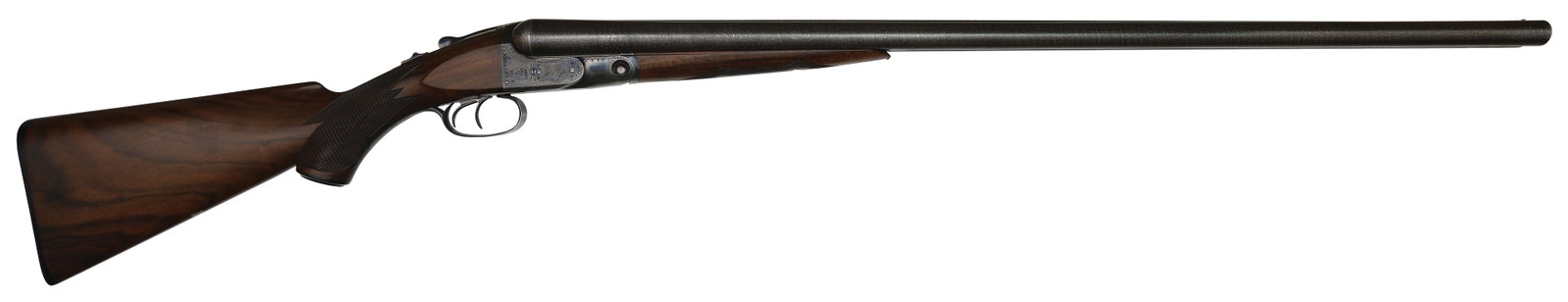 TRULY EXCEPTIONAL AND FINEST KNOWN PARKER GH GRADE 12 BORE WITH FISHTAIL TOP LEVER.: SN. 69870. Cal. 12ga. Built on No. 2 frame with 32" damascus steel brls that have matted concave top rib with steel front bead and usual rib legend. Brl flats with unstruck weight of 5lbs. 1oz. S