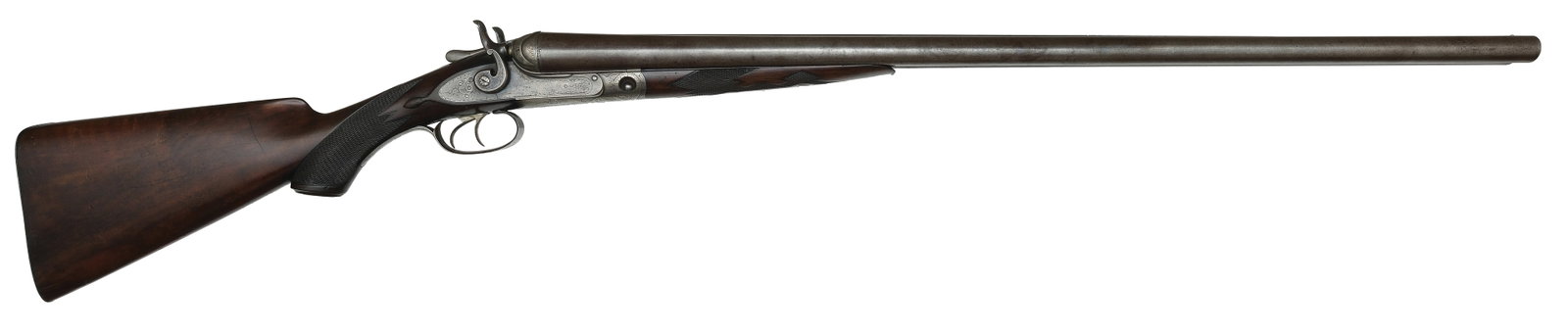 VERY RARE GRADE 3 PARKER 10 BORE SHOTGUN BUILT ON A NO. 4 FRAME.: SN. 29527. Cal. 10ga. Built with 32" damascus brls that have concave top rib with brass front bead. Tops of brls with usual maker's stamps and breech ends with ring of engraving. Brl flats with unstru