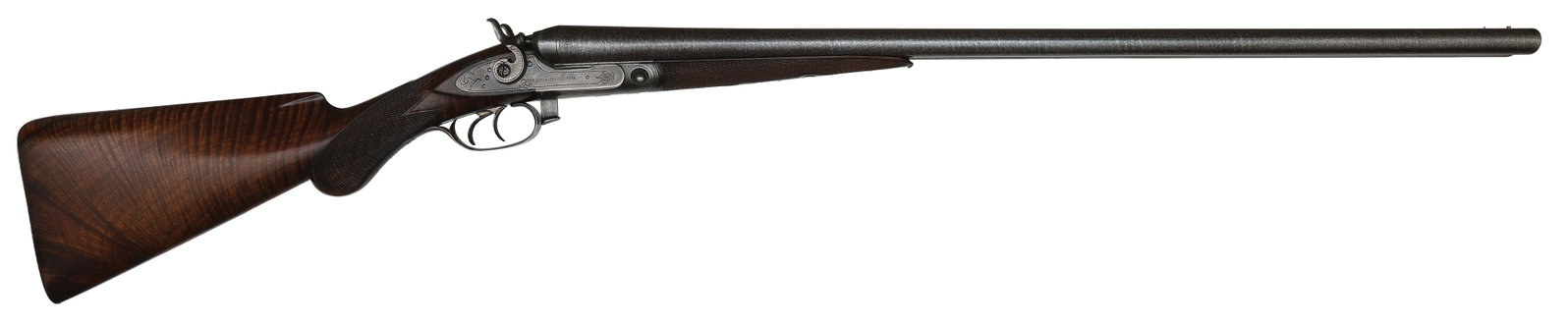 BEAUTIFUL PARKER BROTHERS QUALITY NO. 2 12 BORE HAMMER SHOTGUN.: SN. 14550. Cal. 12ga. Built on a No. 2 frame with 30" damascus brls that have concave top rib and brass front bead. Rib engrave "PARKER BROS. MAKER'S, MERIDEN CONN. DAMASCUS STEEL". Walnut s