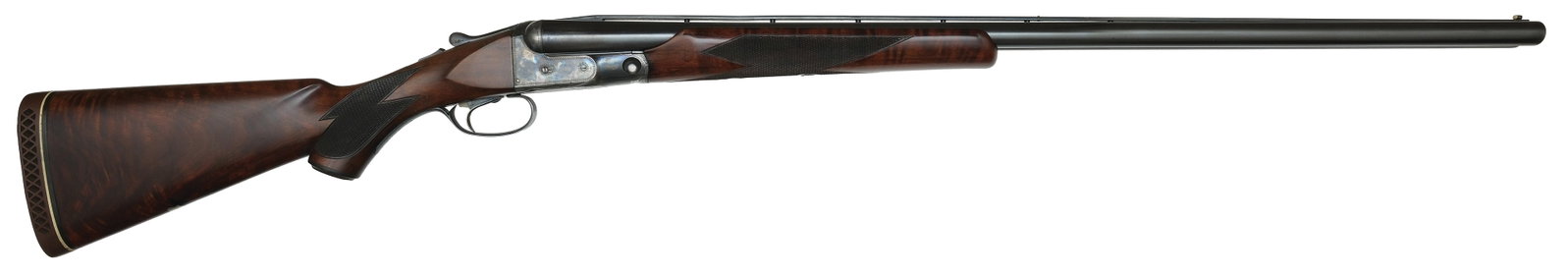 EXTREMELY RARE PARKER VHE GRADE DOUBLE TRAP 12 GAUGE WITH VENTILATED RIB.: SN. 241181. Cal. 12ga. Built on a 1-1/2 frame with 32" factory original ventilated rib brls that have twin white beads. Brl flats with unstruck weight of 4lbs. 2oz. and "KG" (May 1938). Beavertai