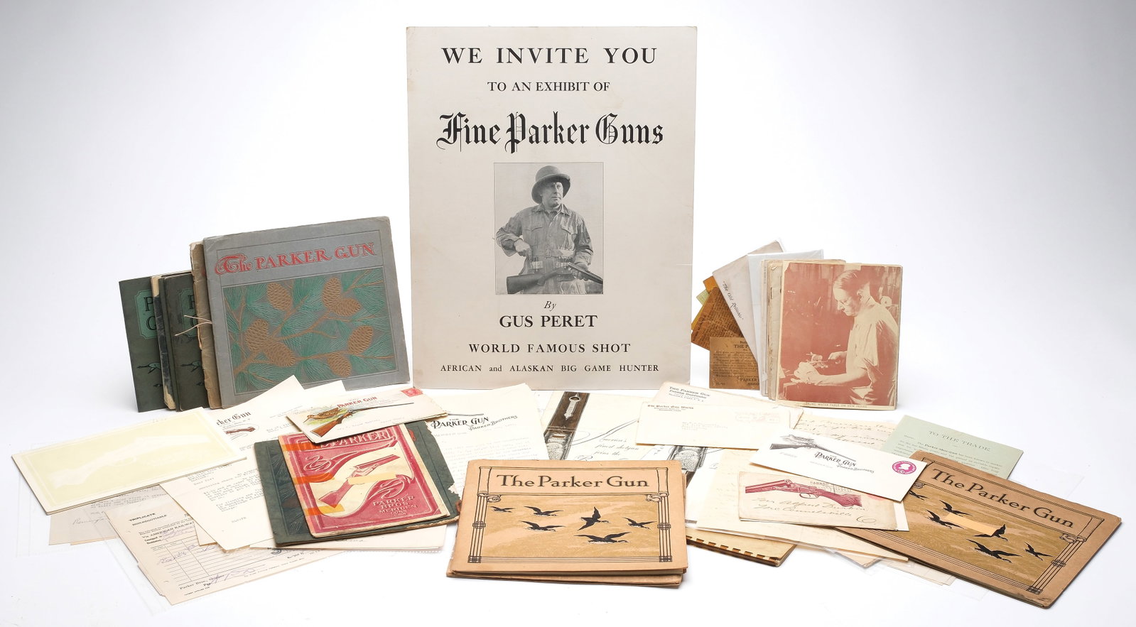 EXTENSIVE AND CAREFULLY CURATED PARKER BROS. COLLECTIBLE PAPER LOT.: This incredible lot features approximately 75 individual collectible pieces of paper related to The Parker Gun, Gunworks, and Remington Arms. Co. Highlights include an extremely rare 1916 clown c