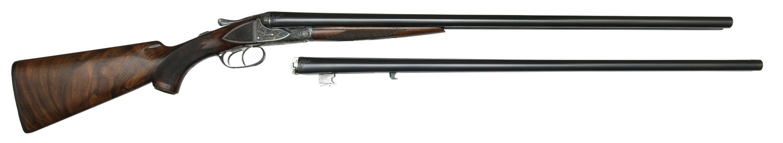 EXTREMELY FINE A.H. FOX BE GRADE 16 GAUGE AND 20 GAUGE TWO BARREL SET.: SN. 300341. Cal. 16ga & 20ga. Completed 4/3/1917 and built with 28" Krupp steel brls that have matted concave top rib with twin white beads. Tops of brls engraved "KRUPP FLUID STEEL MADE BY" on r